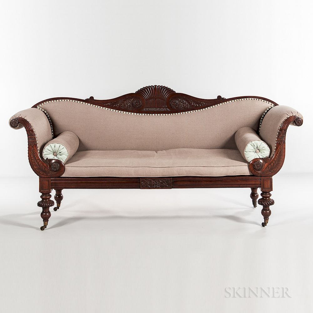 Appraisal: Classical Carved Mahogany Scroll-arm Sofa Classical Carved Mahogany Scroll-arm Sofa