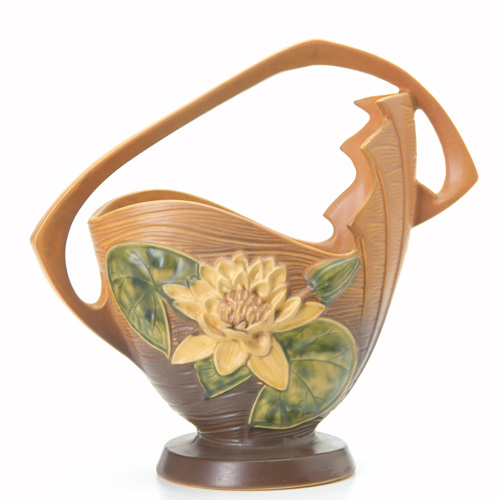 Appraisal: ROSEVILLE Brown Water Lily basket - Raised mark