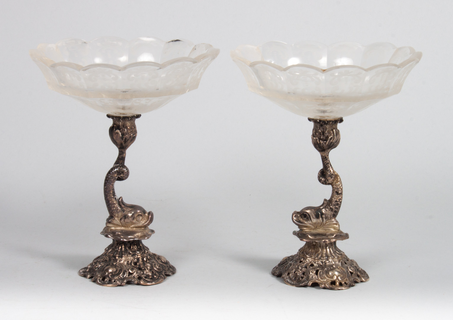 Appraisal: Pair of German silver etched glass compotes probably Hanau late