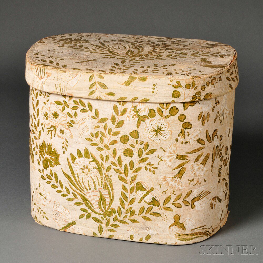 Appraisal: Hannah Davis Wallpaper-covered Wooden Bandbox Jaffrey New Hampshire mid- th