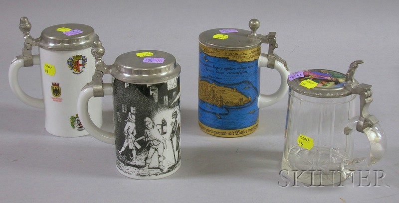 Appraisal: Four Modern Porcelain and Glass Beer Steins porcelain Lindaw map