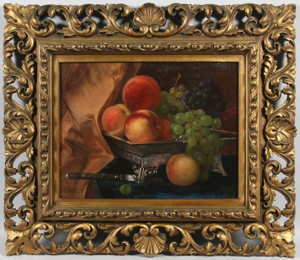 Appraisal: Still life of peaches and grapes in silver tray w