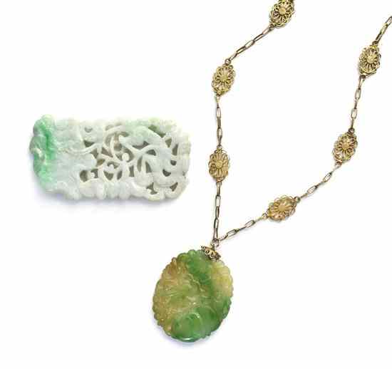 Appraisal: Two Pierce Carved Jade Pendants one mounted as a necklace