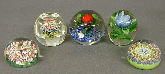 Appraisal: - Five glass paperweights including a millefiori example largest h