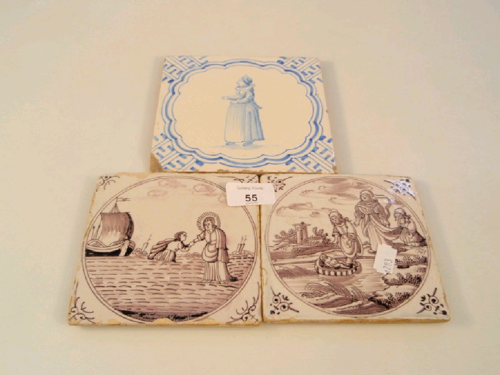 Appraisal: A pair of Delft tiles with Manganese decoration of biblical