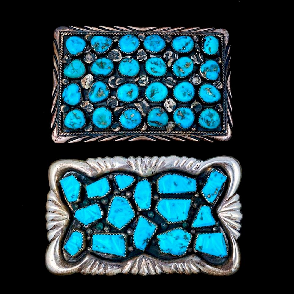 Appraisal: NAVAJO BELT BUCKLES Two Vintage old pawn turquoise and silver