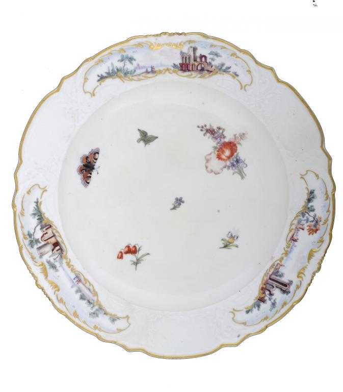 Appraisal: A CHELSEA DISH with Warren Hastings type moulded border painted