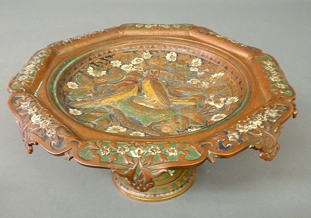 Appraisal: - Victorian brass tazza with paint decorated relief birds and