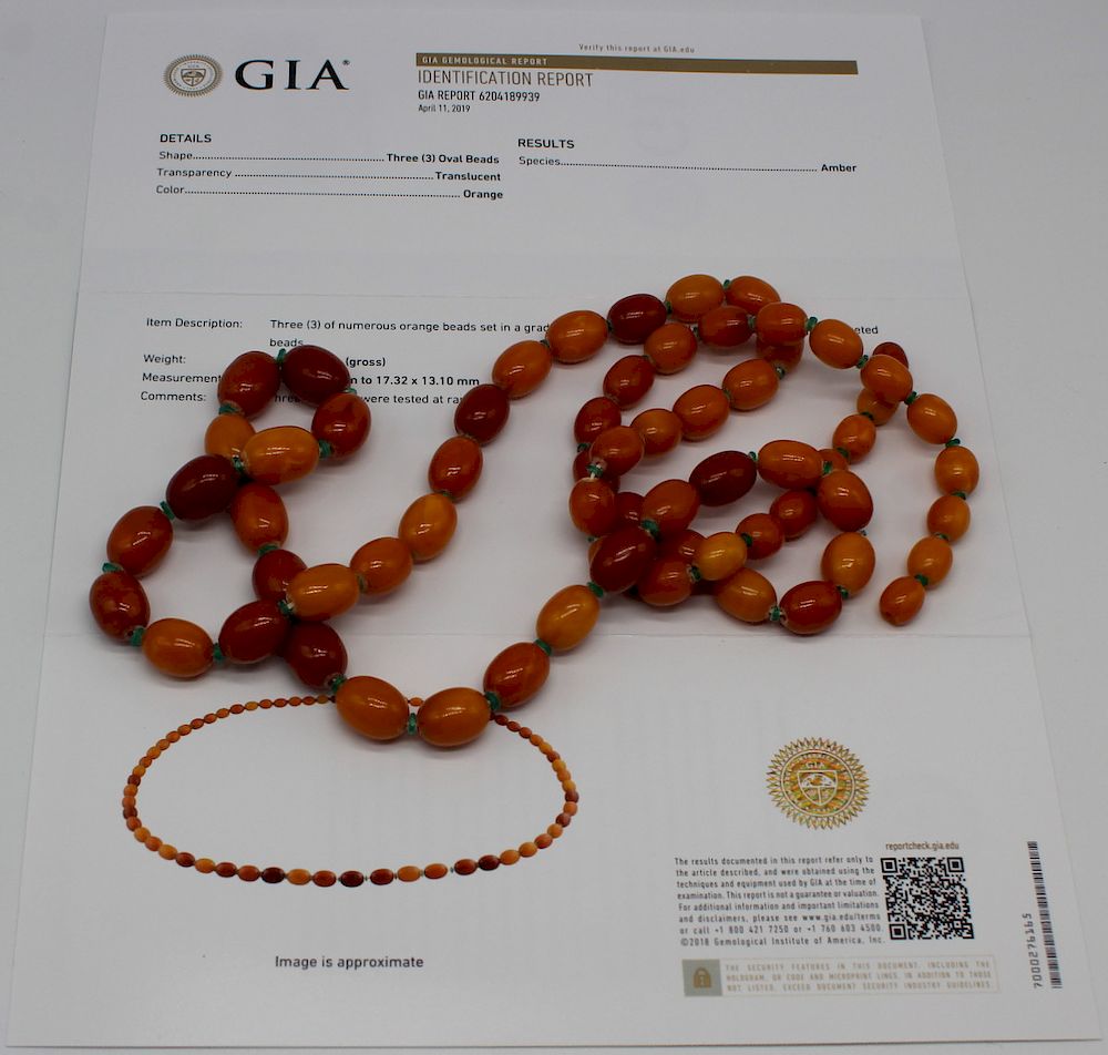 Appraisal: JEWELRY GIA Graduated Amber Necklace Vintage butterscotch amber necklace comprised