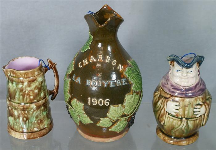 Appraisal: majolica pitchers French Charbon La Bruyere flakes barrel form milk