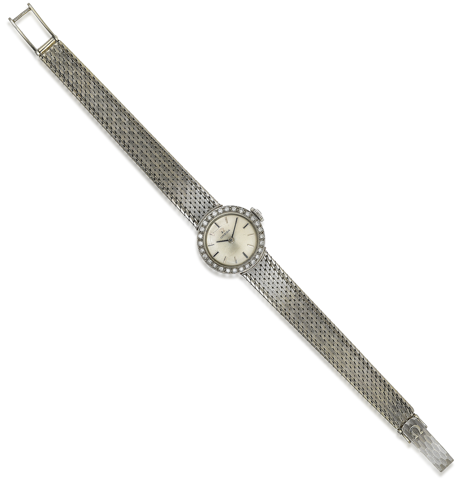 Appraisal: A LADIES OMEGA DIAMOND WRISTWATCH Manual wind movement circular silvered