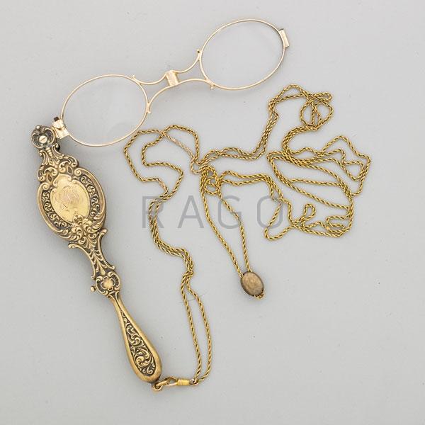 Appraisal: EDWARDIAN EMBOSSED K GOLD LORGNETTE KREMENTZ Condition Report