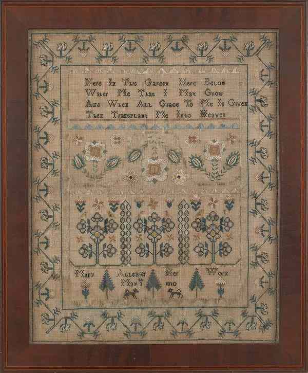 Appraisal: Reading Pennsylvania silk on linen sampler dated wrought by Mary