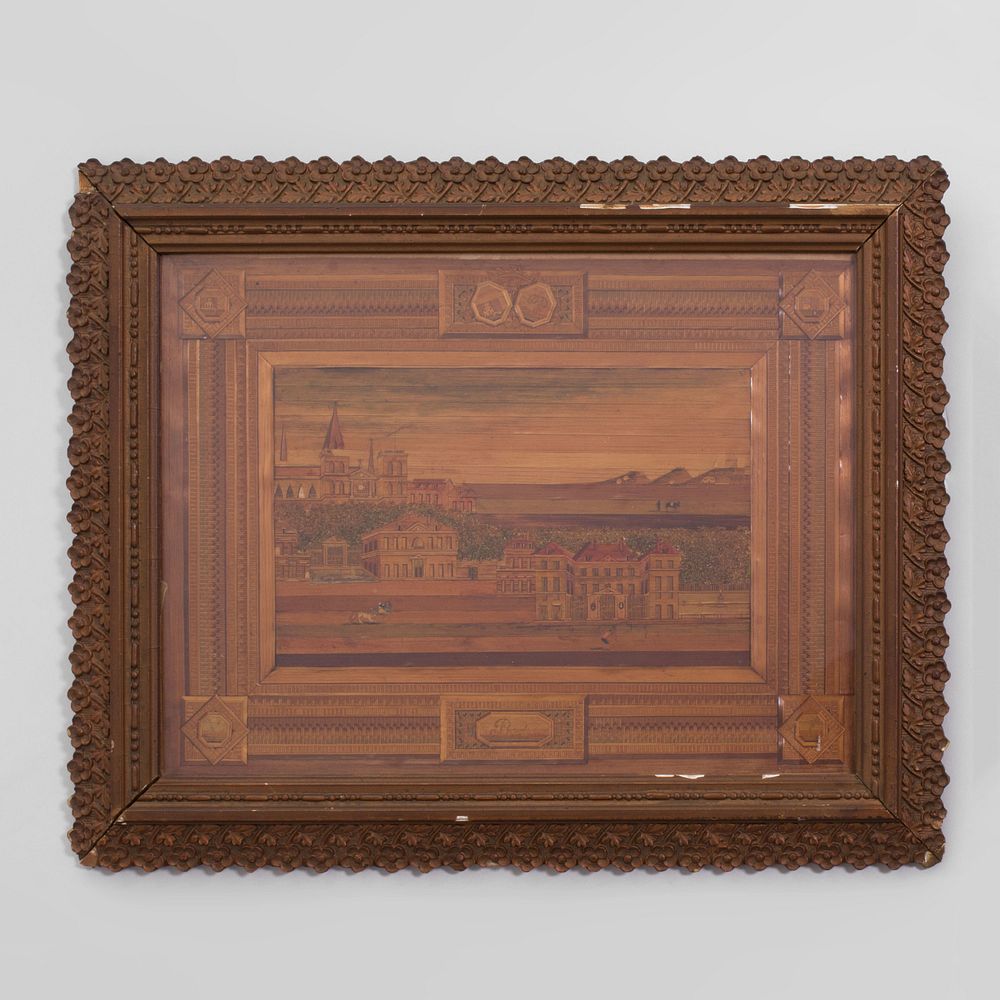 Appraisal: French Straw Marquetry Cityscape The upper boarder with a monogram