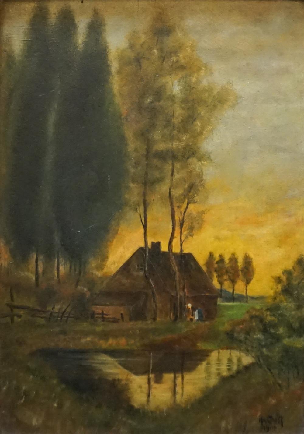 Appraisal: American th Century School Farmhouse Near a Pond Oil on