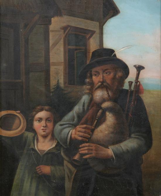 Appraisal: CONTINENTAL SCHOOL th century MAN WITH BAGPIPE AND GIRL oil