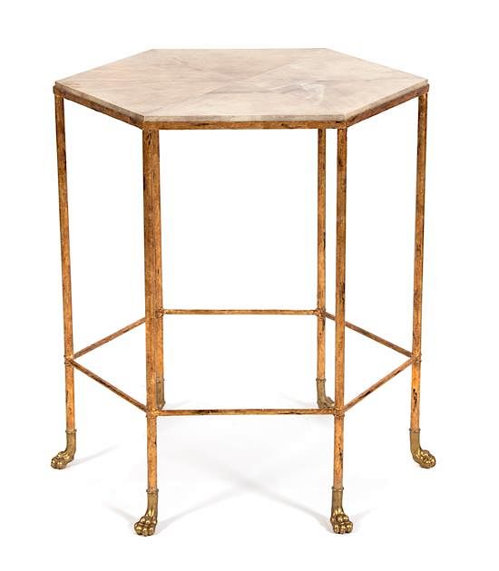 Appraisal: A Modern Gilt Metal and Faux-Goat Skin Hexagonal Side Table