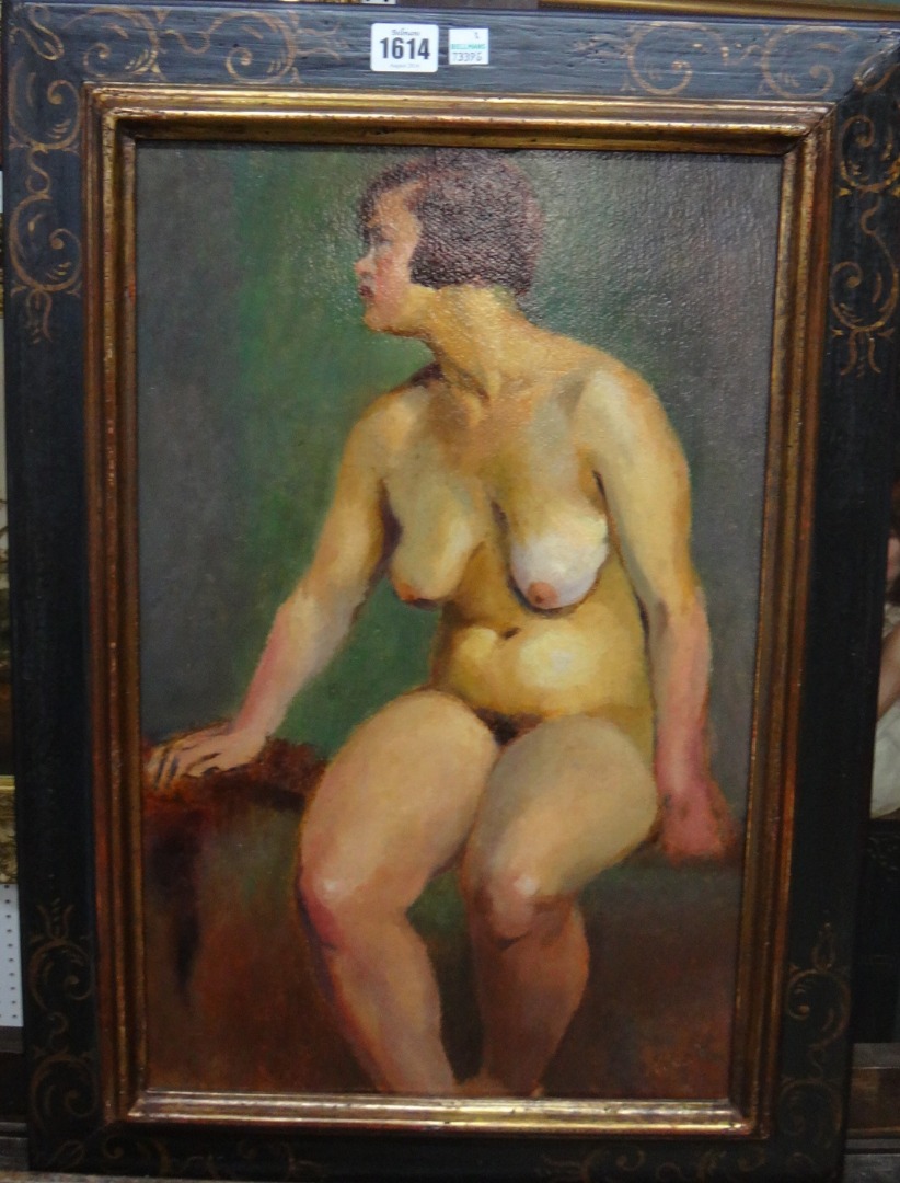 Appraisal: Hungarian School early th century Seated female nude oil on