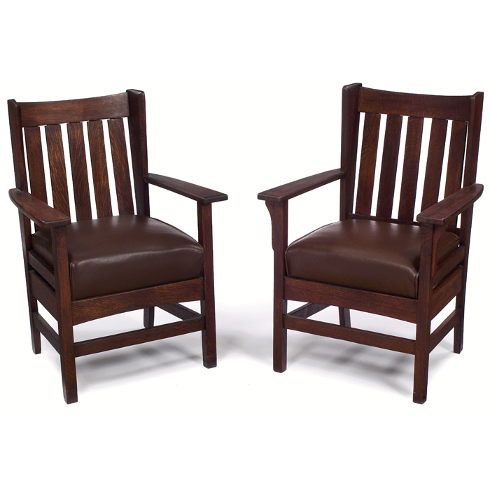 Appraisal: Arts and Crafts armchairs pair wing-back form with five vertical