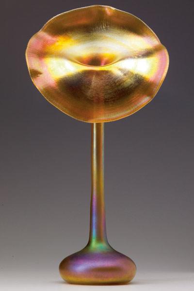 Appraisal: QUEZAL Tall Jack-in-the-Pulpit vase with lustered gold blossom and purple