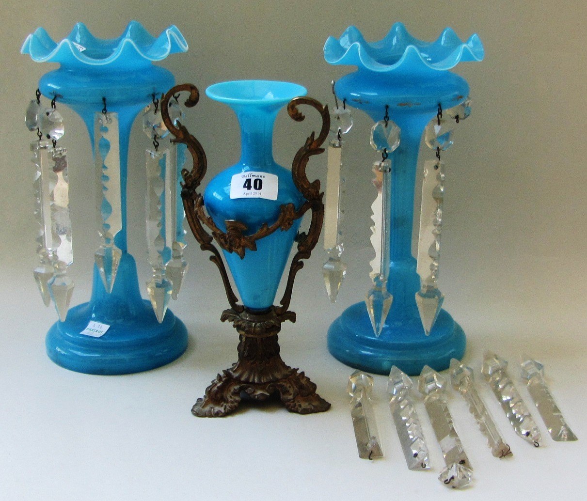 Appraisal: A pair of blue glass table lustres and a small