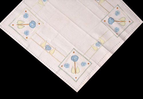 Appraisal: ANN MACBETH Square textile embroidered with blue pansies and celadon