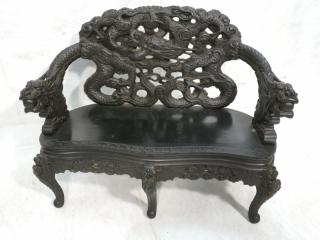 Appraisal: Heavily Carved Dragon Chinese Love Seat Bench De Heavily Carved