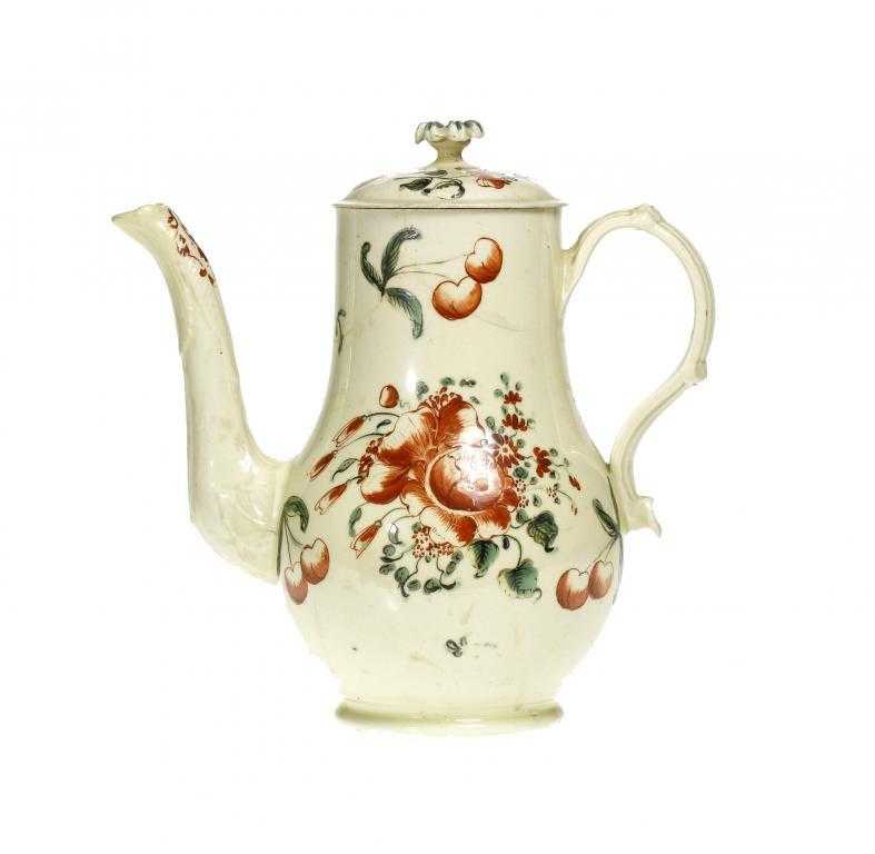 Appraisal: A CREAMWARE COFFEE POT AND COVER POSSIBLY DERBYSHIRE the leaf