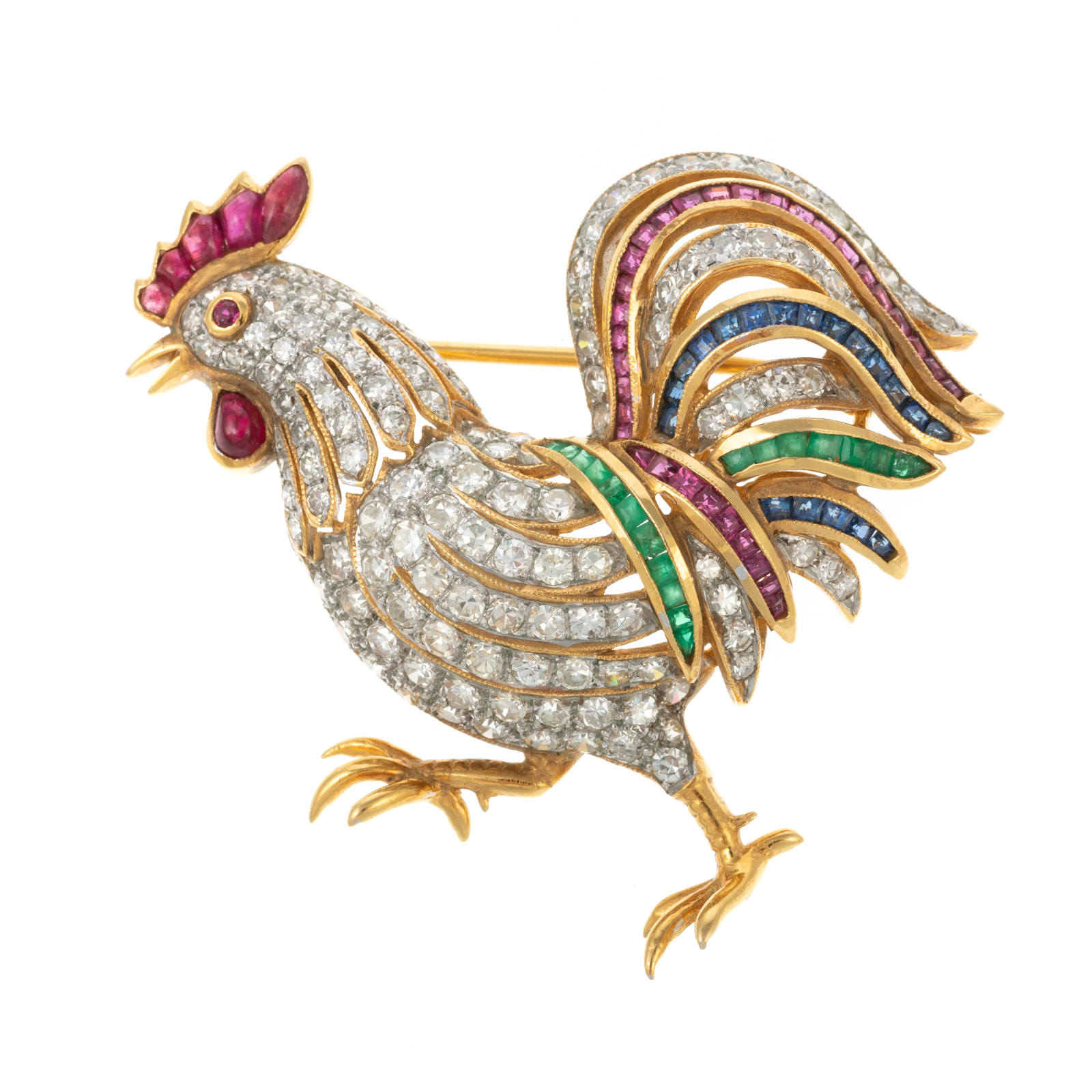 Appraisal: AN IMPRESSIVE K DIAMOND GEMSTONE ROOSTER PIN K yellow gold