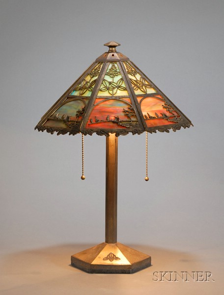 Appraisal: Metal Overlay Table Lamp Possibly Bradley Hubbard Slag glass and