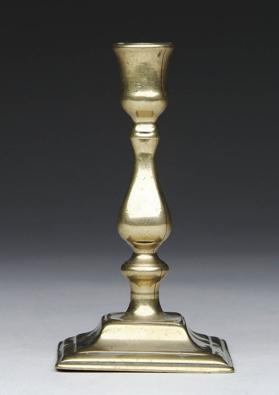 Appraisal: SQUARE BRASS QUEEN ANNE CANDLESTICK Stepped square base with shaped