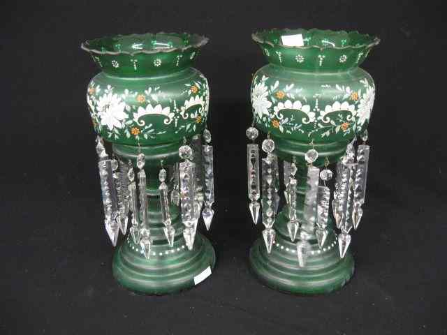 Appraisal: Pair of Victorian Art Glass Mantle Lustres satin emerald with