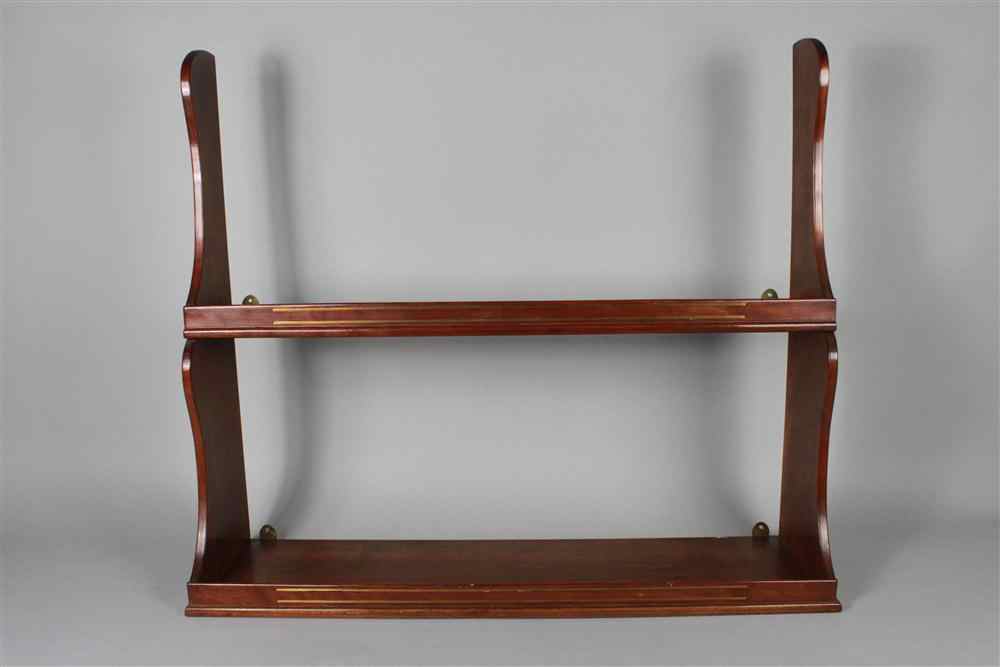 Appraisal: ENGLISH MAHOGANY TWO-TIER HANGING SHELF with shaped supports flanking two