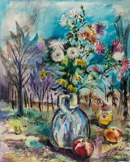 Appraisal: DAVID BURLIUK RUSSIAN - Still Life in a Landscape watercolor