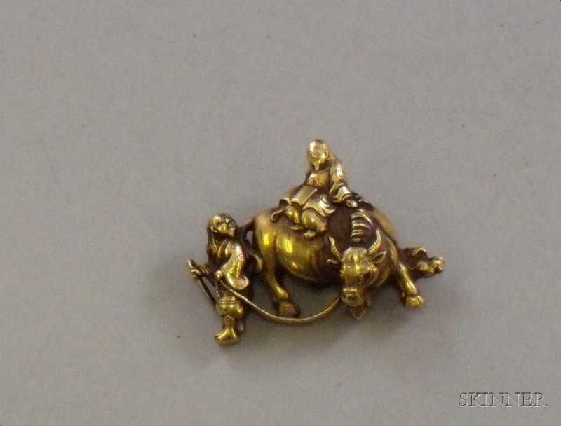 Appraisal: Modern Asian kt Gold Figural Pin of a Scholar Riding