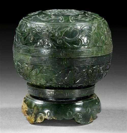 Appraisal: ROUND COVERED JAR China th century D cm Dark green