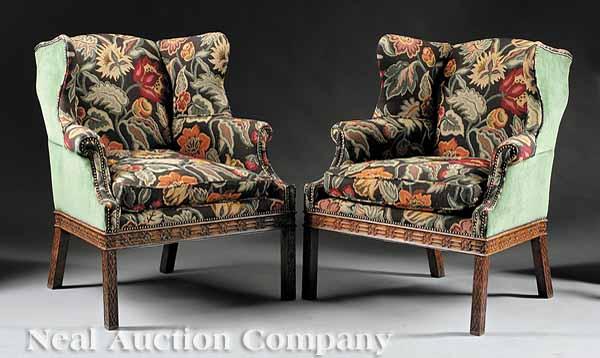 Appraisal: A Pair of English Chippendale-Style Mahogany Wing Chairs attractive upholstery