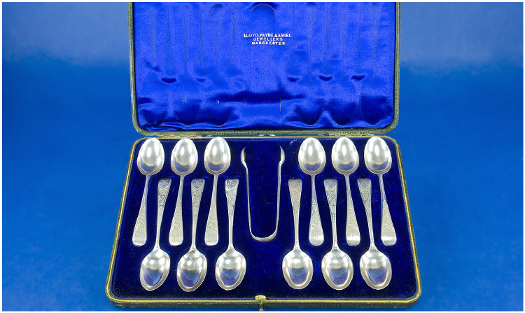 Appraisal: Boxed Set of Silver Teaspoons with Silver Sugar Tongs Hallmarked