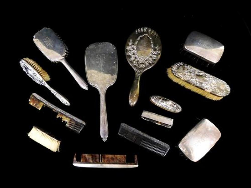 Appraisal: SILVER Thirteen-piece sterling mixed vanity items most monogrammed includes five