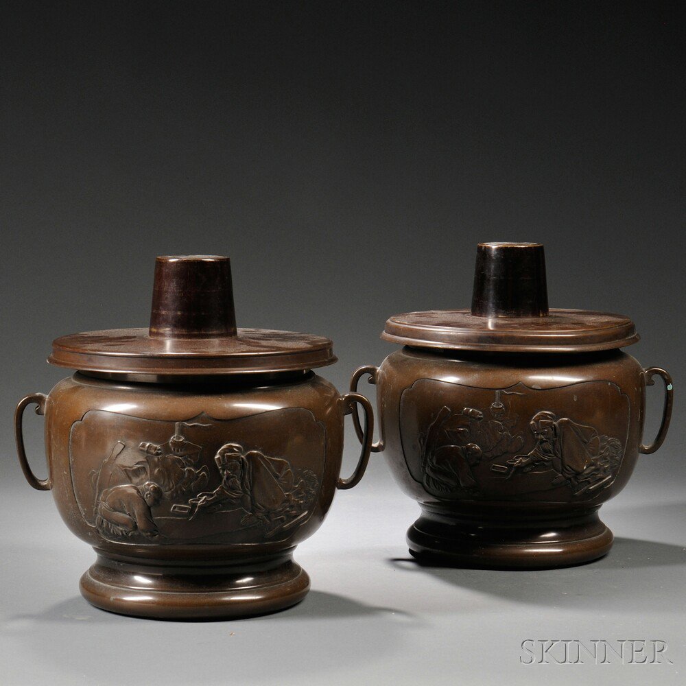 Appraisal: Pair of Bronze Covered Jars Japan th century ovoid each