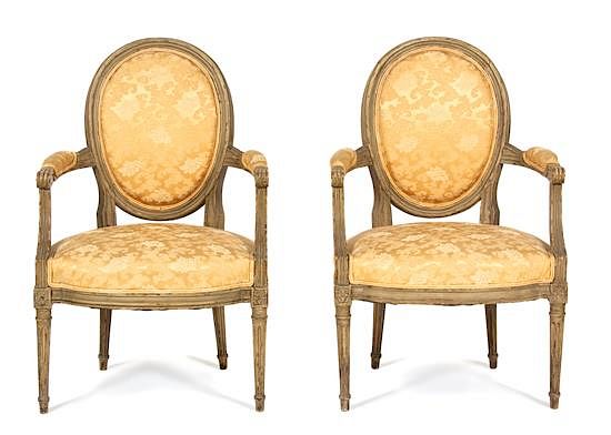 Appraisal: A Pair of Louis XVI Style Carved and Painted Fauteuils