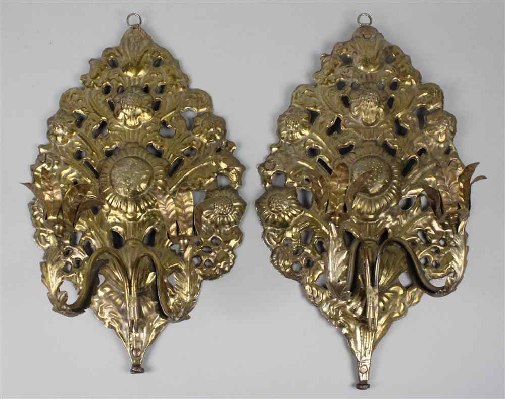 Appraisal: PAIR OF DUTCH BRASS WALL APPLIQUES TH CENTURY each fitted