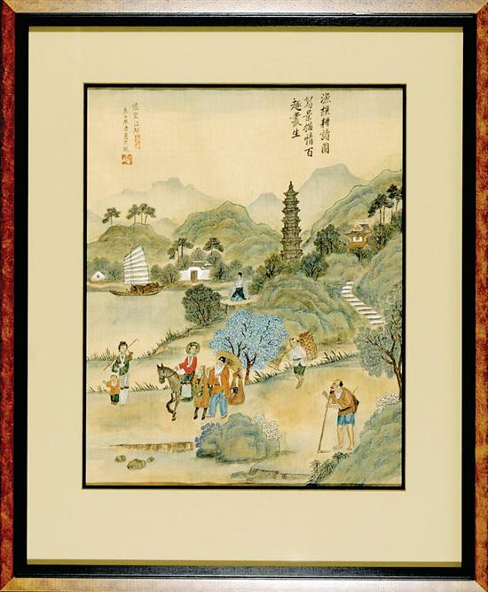 Appraisal: Chinese school th century TRAVELERS watercolor framed sight size H