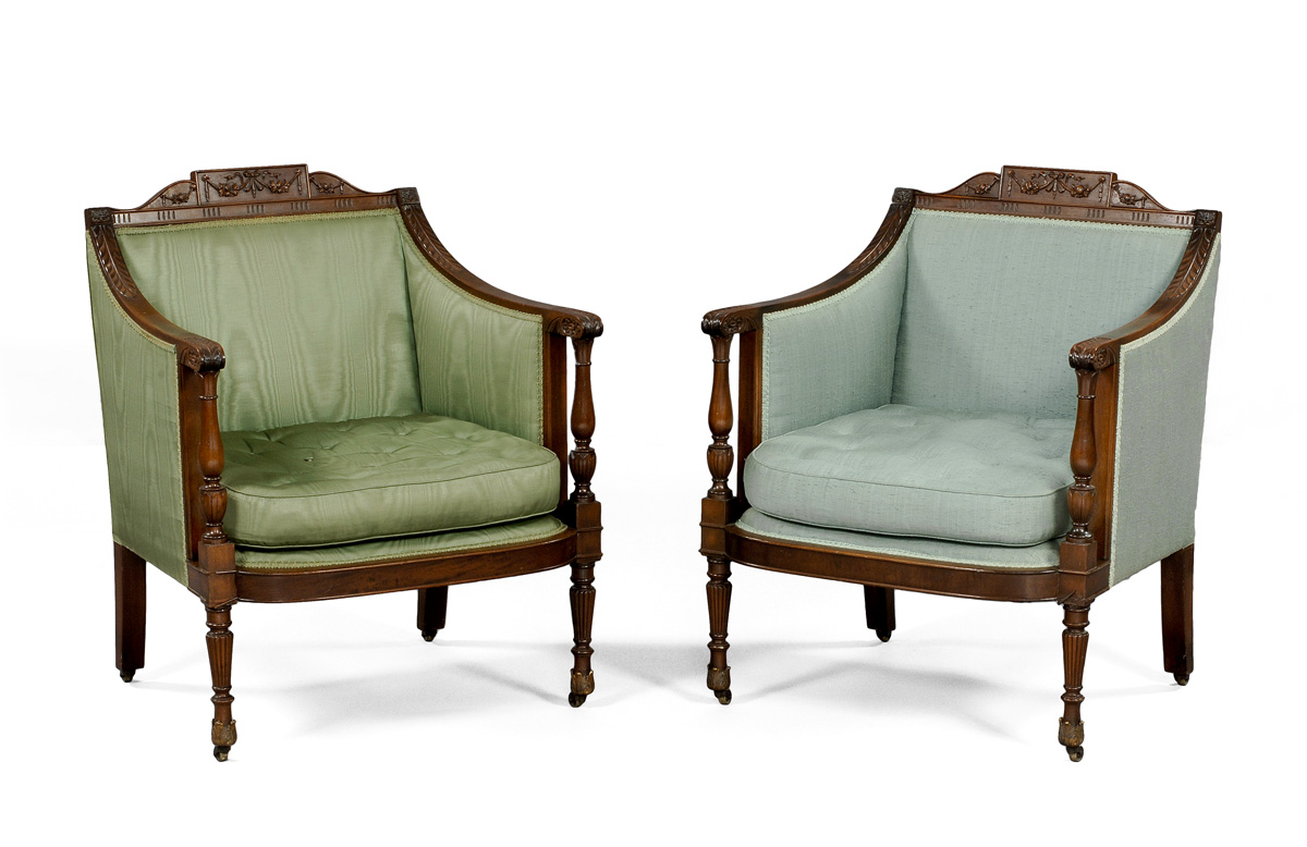 Appraisal: THREE FEDERAL STYLE CARVED MAHOGANY UPHOLSTERED ARMCHAIRS IN THE MANNER