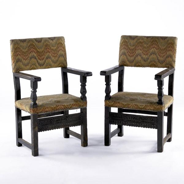 Appraisal: CHARLES I ARMCHAIRS Pair of walnut open chairs with flame