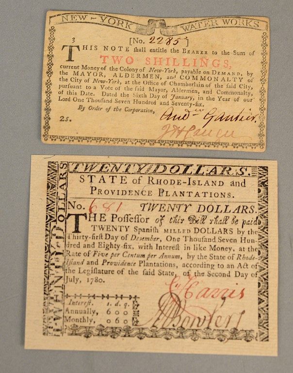 Appraisal: Two Colonial currency notes to include New York shillings Rhode