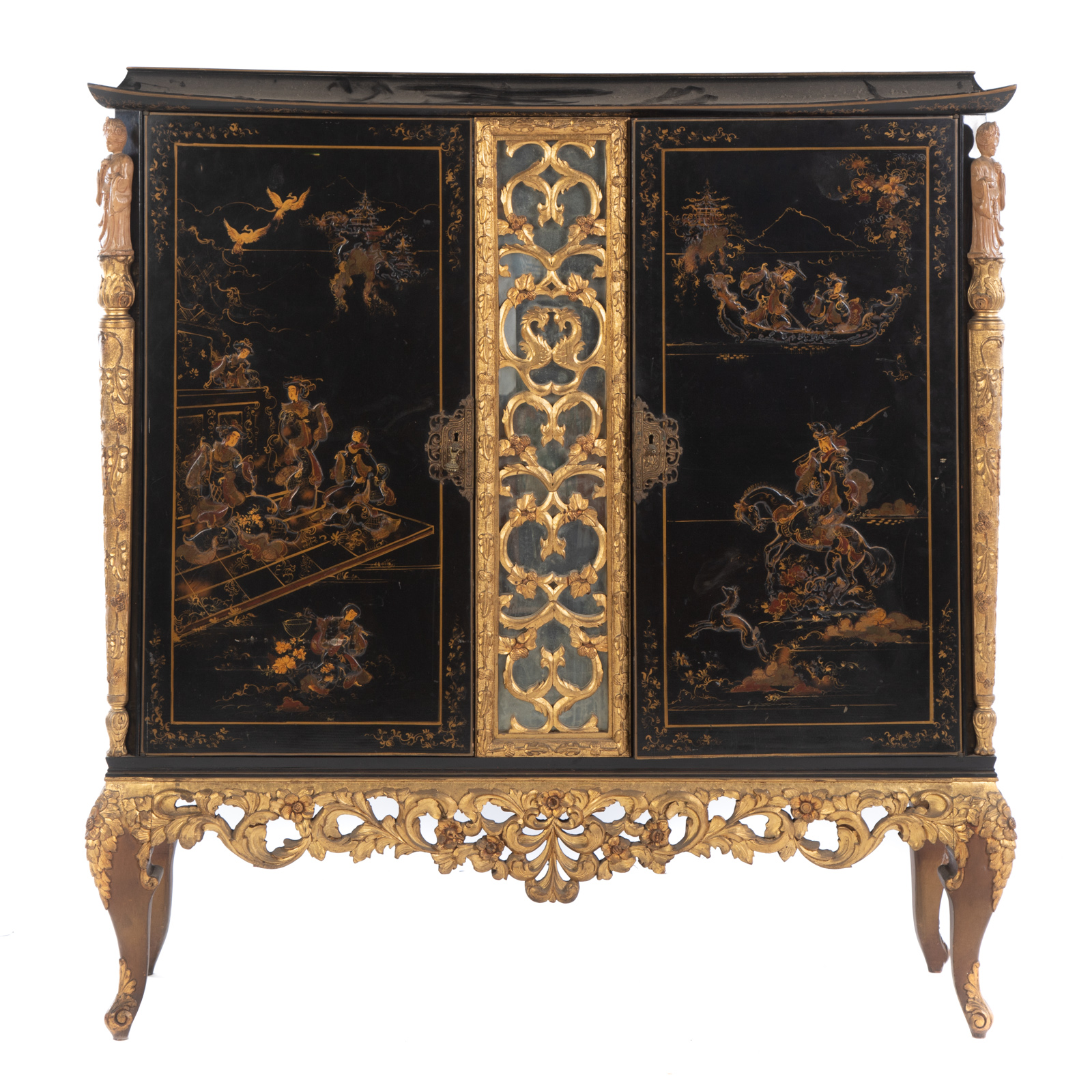 Appraisal: LOUIS XV STYLE CHINOISERIE JAPANNED CABINET Pagoda form cabinet with