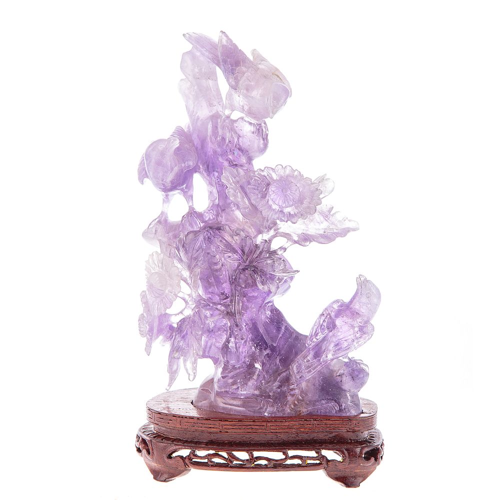 Appraisal: Chinese Carved Amethyst Quartz Bird Group Modeled as birds on