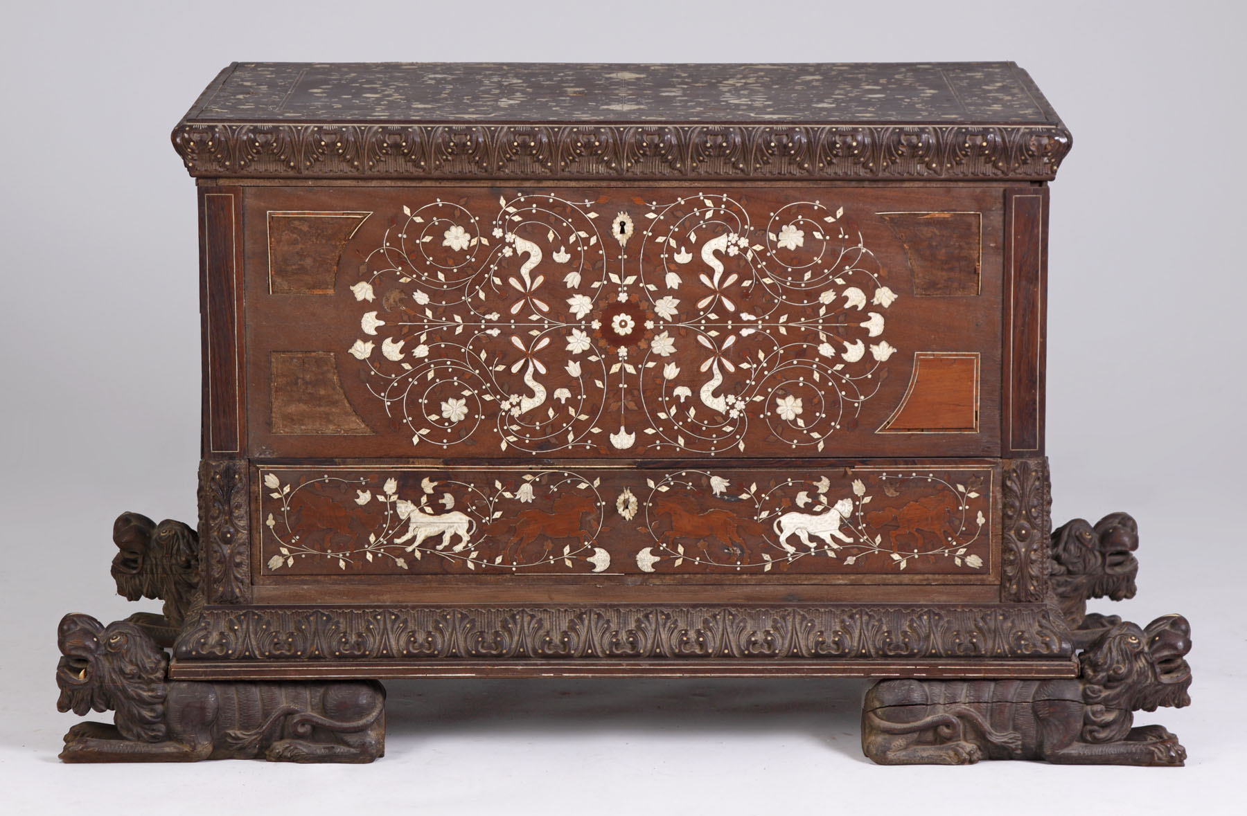 Appraisal: Carved Teak Ivory Inlaid Chest Carved Teak Ivory Inlaid Chest