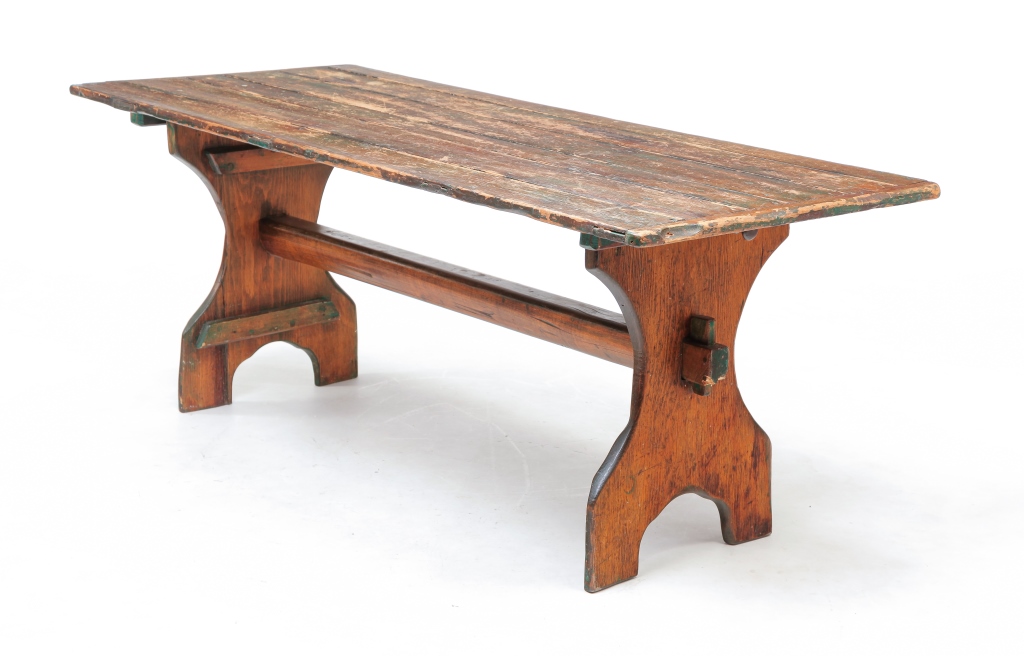 Appraisal: AMERICAN TRESTLE TABLE Mid th century pine Multi-board top with